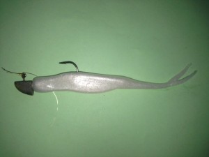 Pearl White Super Fluke Rigged on a Lunker City FinS HEad