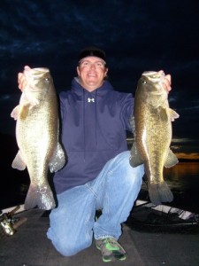 Matt Allen with Double Fisted Seven Pounders at Night - photo courtesy Tactical Bassin'
