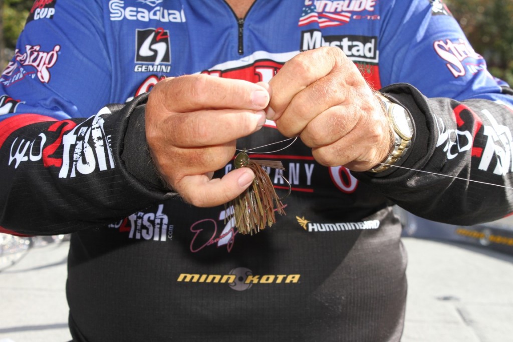 5 Tie an overhand knot with the doubled ends of the Seaguar Flippin' Fluorocarbon above the Jig